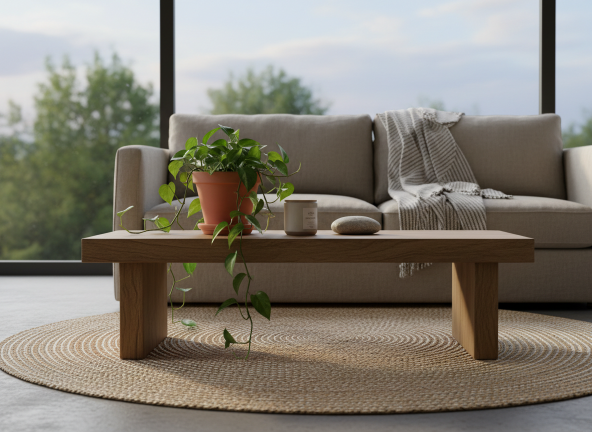 A grounded living room sanctuary with a low, natural-wood coffee table holding a single terracotta pot of trailing greenery, a smooth river stone, and an unlit soy candle. A woven cotton throw blanket is neatly folded on a nearby neutral-toned sofa, while a textured sisal rug defines the space. Large windows reveal soft-focus trees and sky, with gentle, diffused evening light filling the room. Photographic realism at a slightly elevated angle, using the rule of thirds, creates an open, breathable composition that communicates balance, calm, and rootedness in everyday home life.