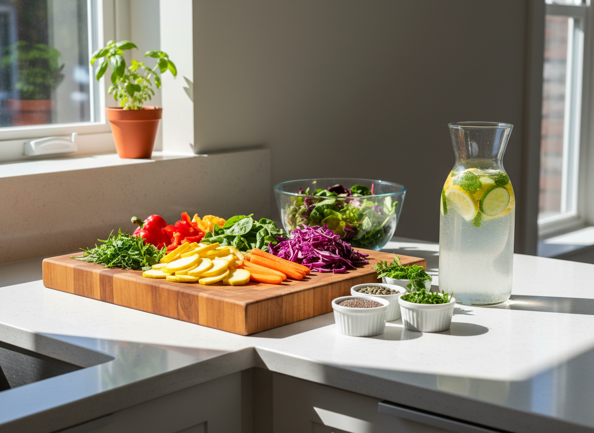 A tidy wellness kitchen counter in a modern yet cozy home, featuring a large wooden cutting board with freshly chopped colorful vegetables, a glass bowl of leafy greens, and small ramekins with seeds and herbs. A clear carafe of infused water with floating citrus slices and mint sits nearby, beads of condensation catching the light. The counter is light quartz, and a small potted basil plant rests near a window. Bright, natural midday light streams in, creating crisp highlights and clean shadows. Captured from a three-quarter angle in photographic realism, the composition feels practical, vibrant, and inspiring, emphasizing everyday choices that support whole-body health.