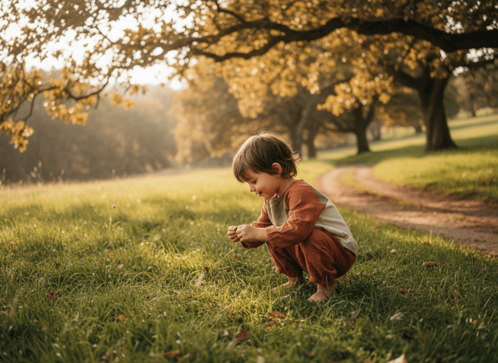 A child playing outdoors in soft natural light, surrounded by green grass and trees, warm and calm, earthy tones, wellness aesthetic, no screens visible