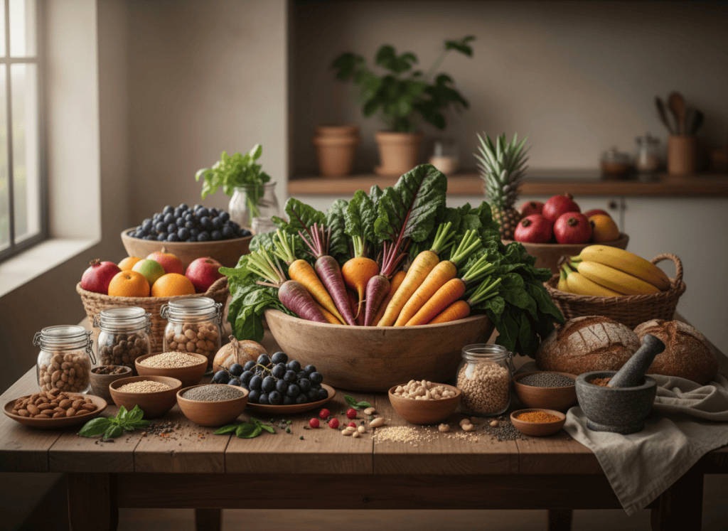 A beautiful spread of fresh whole foods on a wooden table — colorful vegetables, fruits, nuts, and grains in soft natural light, earthy wellness aesthetic, calm and inviting