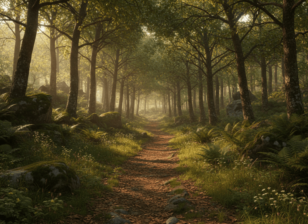 A peaceful forest path dappled with soft sunlight filtering through green trees, calm and serene, earthy natural tones, wellness aesthetic, no people