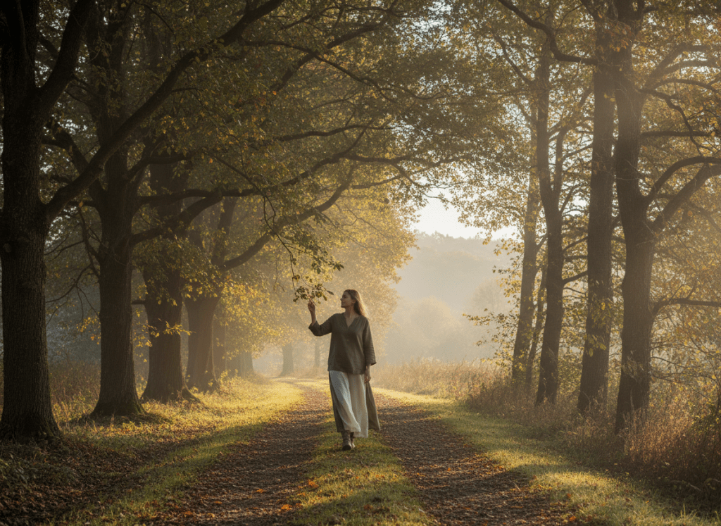A person walking calmly on a peaceful tree-lined path in soft morning light, gentle movement, earthy green tones, wellness aesthetic, serene and hopeful