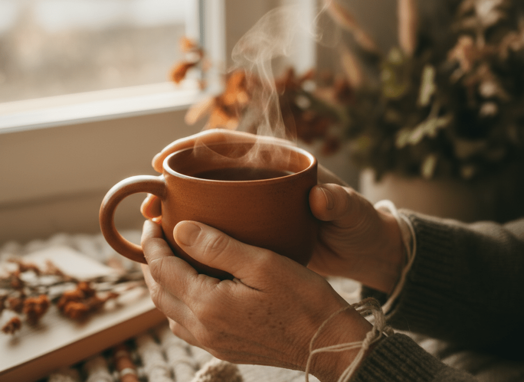 Gentle close-up of weathered hands holding a warm mug of tea, soft natural light, cozy and warm earthy tones, calm wellness aesthetic