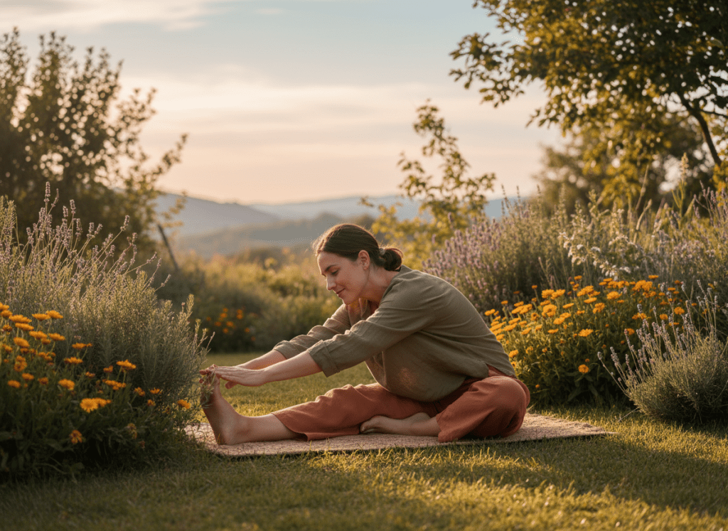 A person doing gentle outdoor stretching near a garden in warm natural light, earthy green and warm tones, calm wellness aesthetic, hopeful and grounded