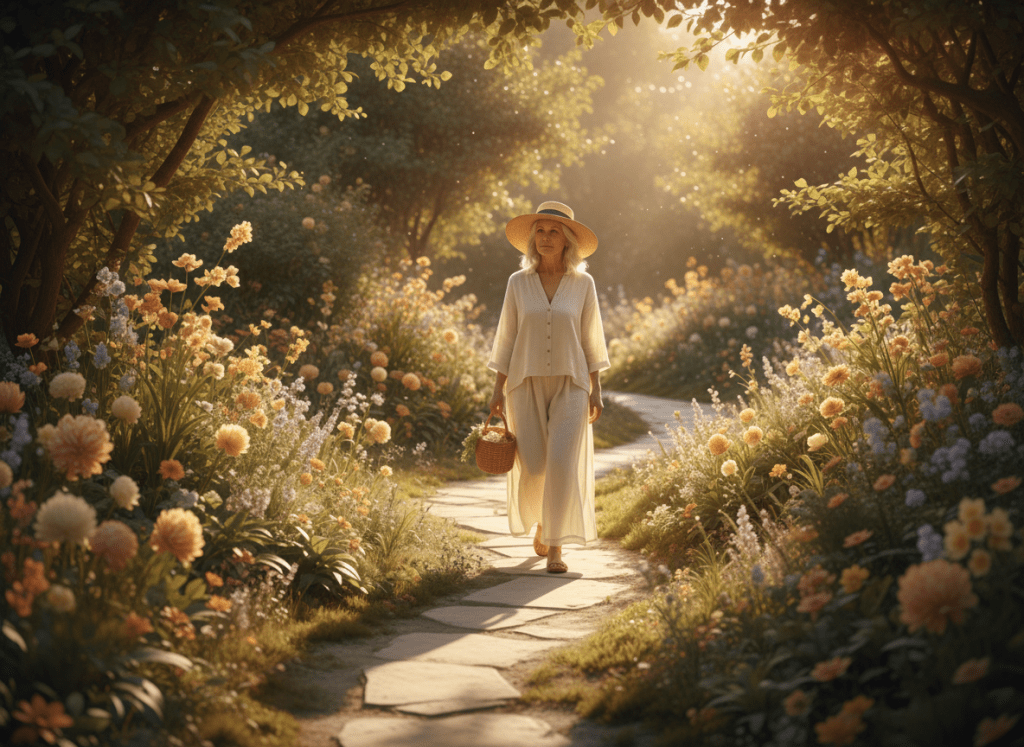 An older adult walking peacefully through a sunlit garden path, surrounded by soft greenery and flowers, warm natural light, calm wellness aesthetic, earthy tones
