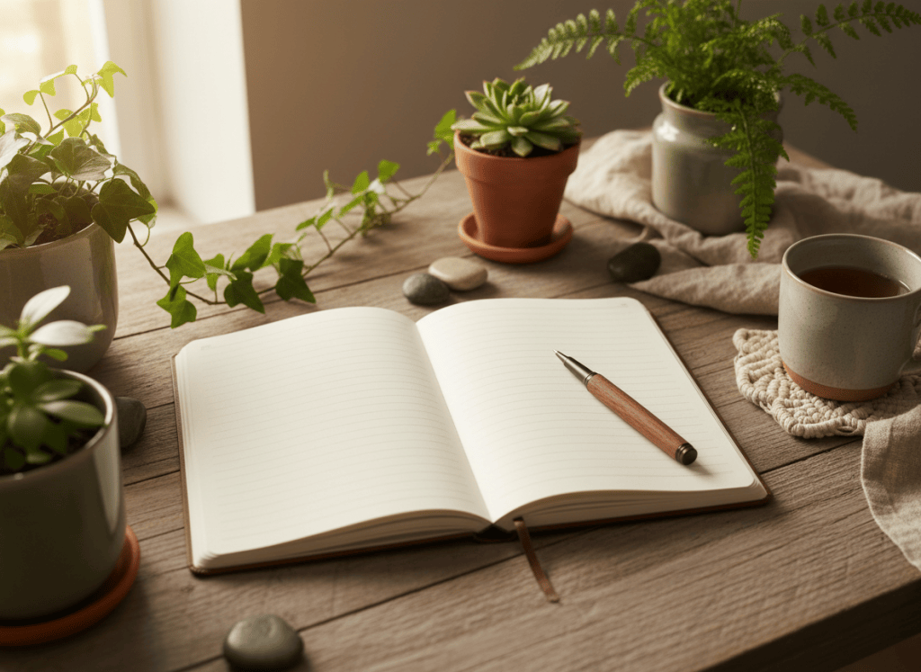 An open journal or notebook with a pen beside it, surrounded by small green plants and natural textures on a wooden desk, soft warm natural light, calm wellness aesthetic, earthy tones
