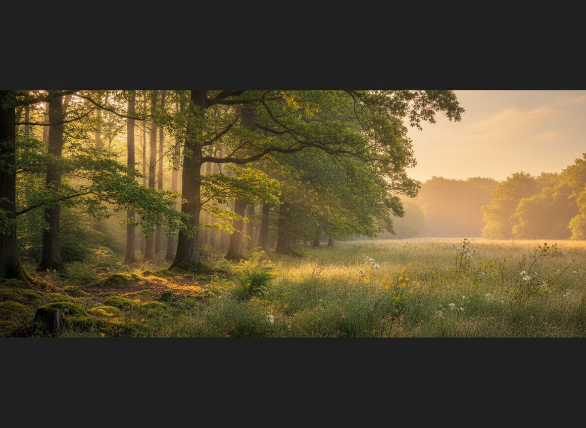 A wide, slim panoramic banner photograph of a real nature scene. Soft morning light filtering through a lush green forest or meadow. Real photography, photorealistic. Earthy sage greens, warm golden light, soft bokeh. Peaceful and grounded. No text, no illustrations, no watercolor, no art. Wide banner format.