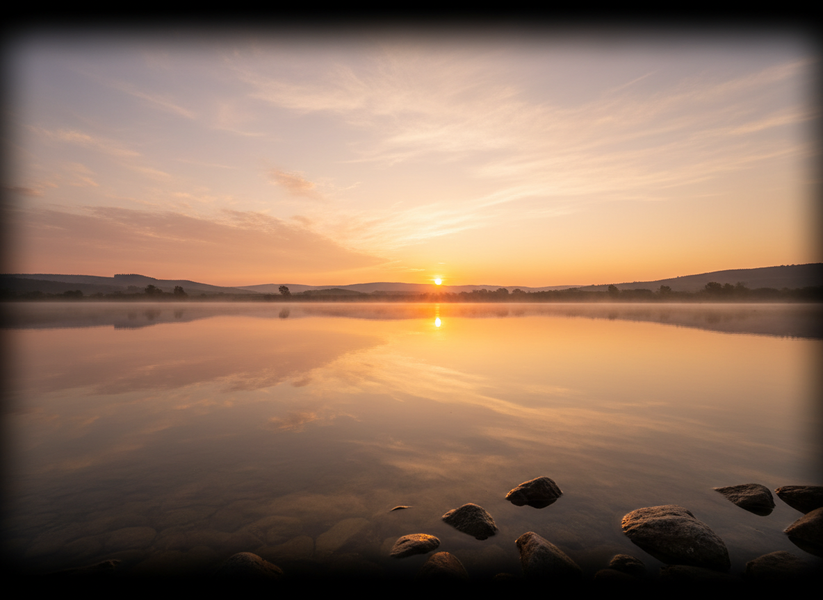 Real photographic ultra-slim letterbox banner of a peaceful sunrise or golden hour scene. Calm water reflection with soft warm amber and blush tones. Real morning light filtering beautifully. Photorealistic photography only, no art or illustrations. Ultra-wide panoramic format.