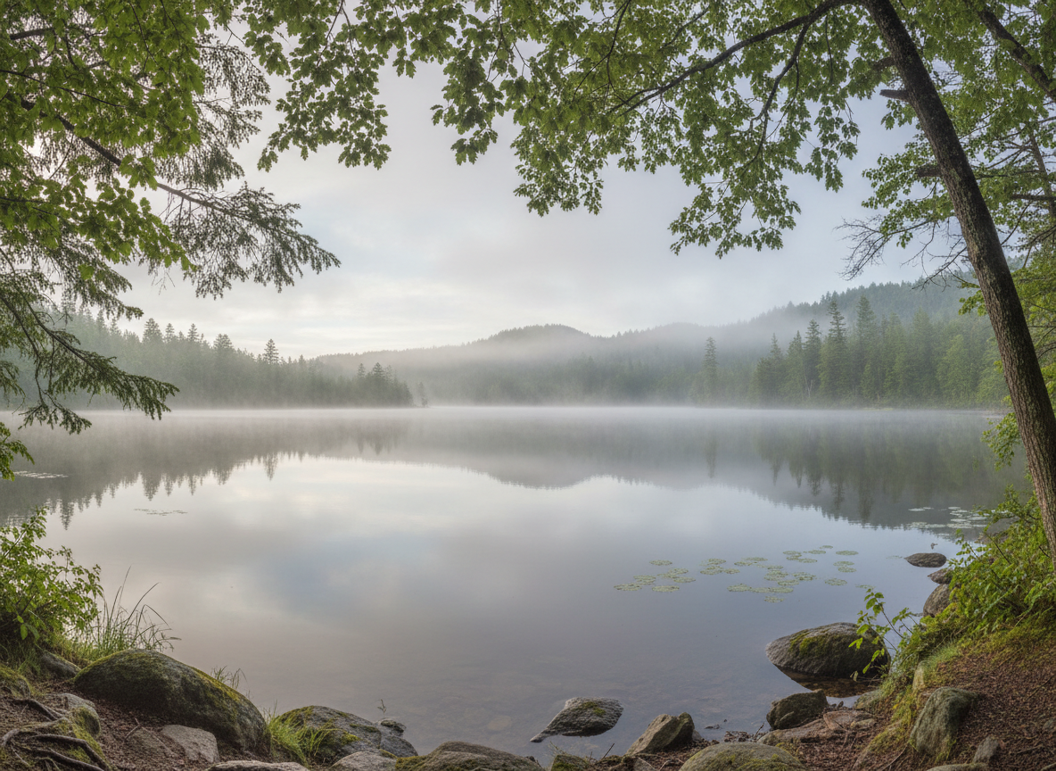 Real photographic panoramic banner of a peaceful calming nature scene. Misty quiet lake or still water with soft morning mist. Soft muted tones with grays, greens, and whites. Very peaceful and calming for stress relief.