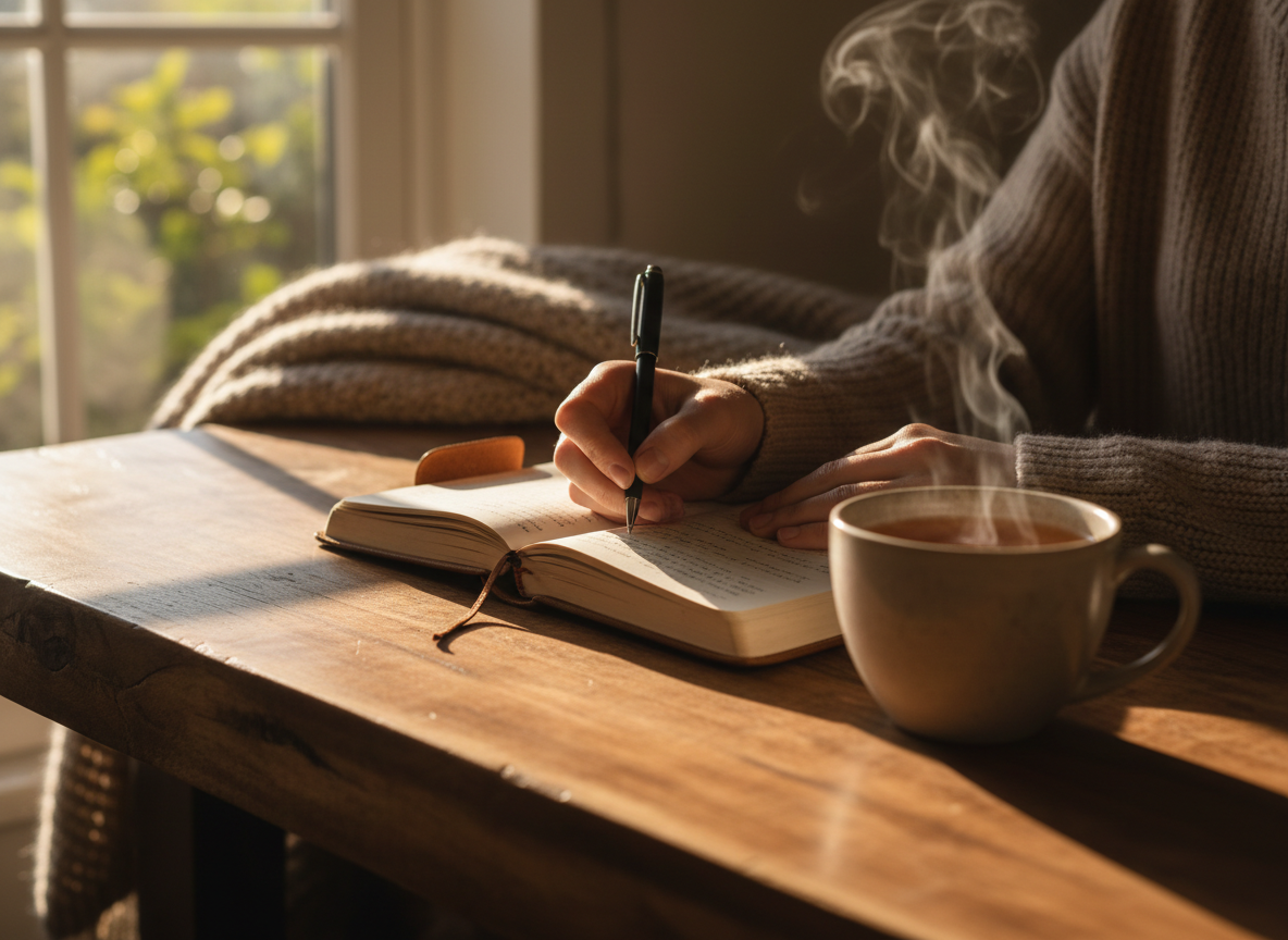 Real photographic image of someone writing in a journal or notebook beside a warm cup of tea. Soft natural light streaming through a window. Calm and intentional atmosphere, peaceful and cozy. Photorealistic, no art or illustrations, no watercolor. Natural wood table, warm tones, focused on the journal and tea cup.