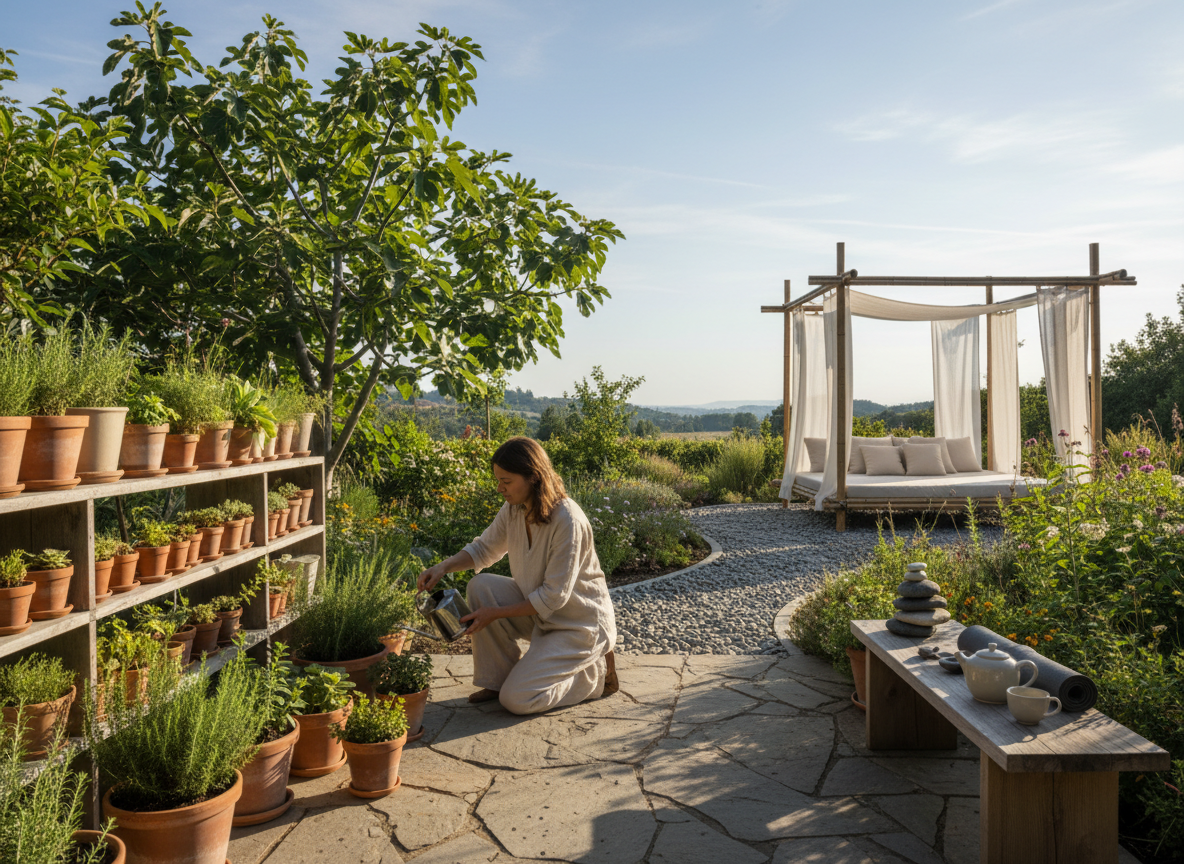 Real photographic panoramic banner of a peaceful wellness scene. Someone tending to plants or a tidy organized nature space with soft natural light. Photorealistic, no art or illustrations. Wide panoramic format for wellness and mindfulness.