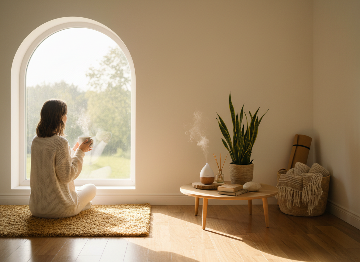 A warm cup of tea held in hands with soft natural light and peaceful wellness environment, photographed in warm earthy tones for a calming, restorative atmosphere.