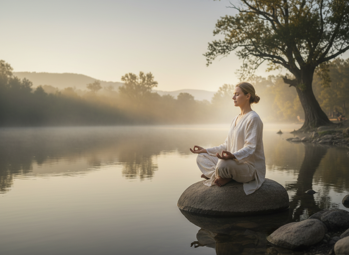 A real photographic banner image of someone sitting quietly in meditation or mindful reflection — hands resting gently in their lap, soft natural light, peaceful and calming atmosphere. Wide panoramic format.