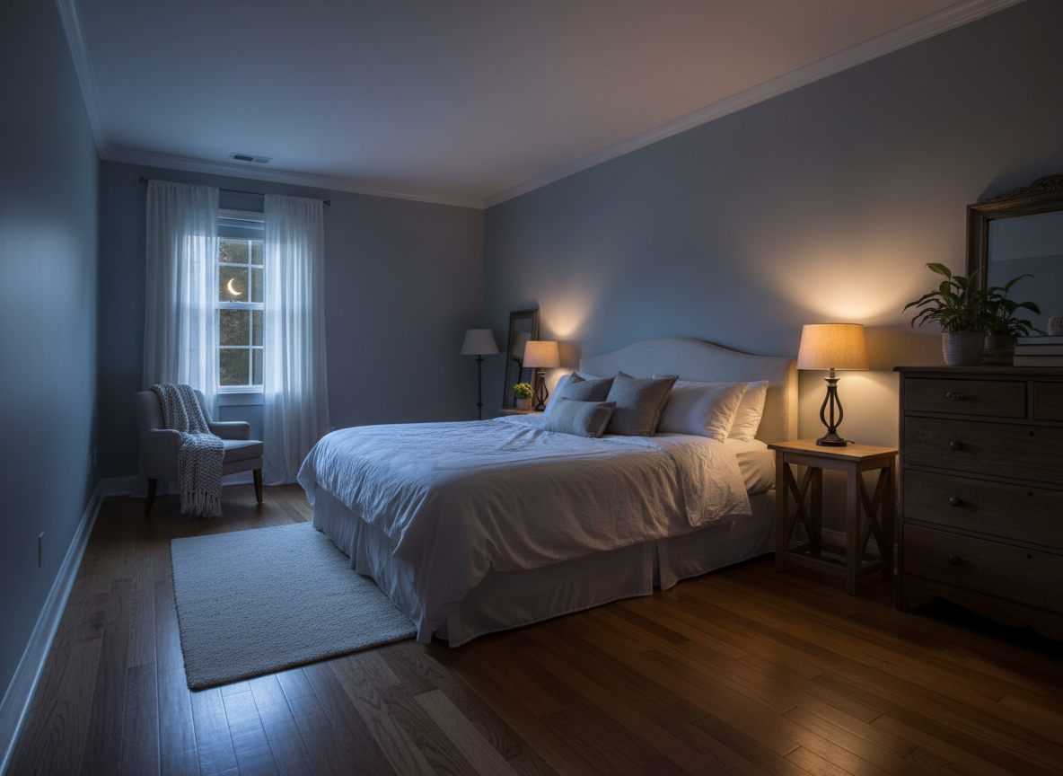 Real photographic wide panoramic banner of a peaceful bedroom or sleep environment at night. Soft warm lamp light, cozy bed with white linen, moonlight filtering through a window. Photorealistic, no art or illustrations. Wide panoramic format.
