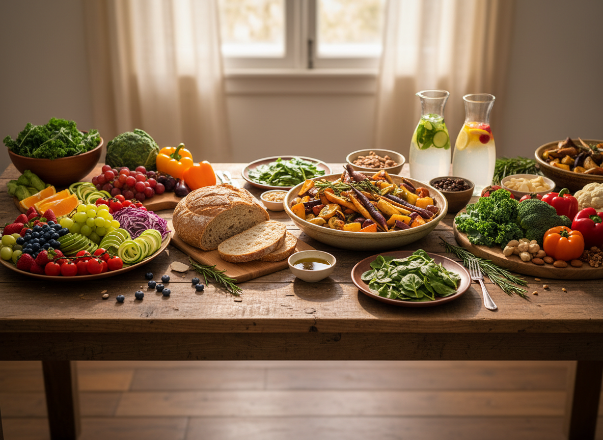 A real photographic wide panoramic banner of a nourishing wholesome meal scene. Fresh colourful vegetables and fruits arranged on a wooden table with soft natural light. Warm earthy tones, rustic wooden surface. Photorealistic photography only, no art or illustrations. Ultra-wide panoramic format for a banner.