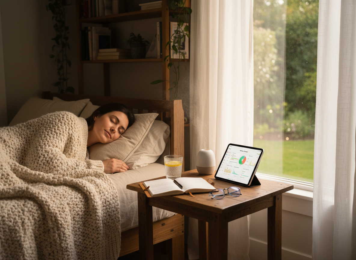 A real photographic wide panoramic banner of a chronic illness health tracking scene. A person resting peacefully with a cosy blanket, a glass of water nearby, and an open notebook on a wooden table. Soft warm natural light streaming through a window. Calm, compassionate, and peaceful atmosphere. Photorealistic photography only, no art or illustrations. Ultra-wide panoramic banner format.