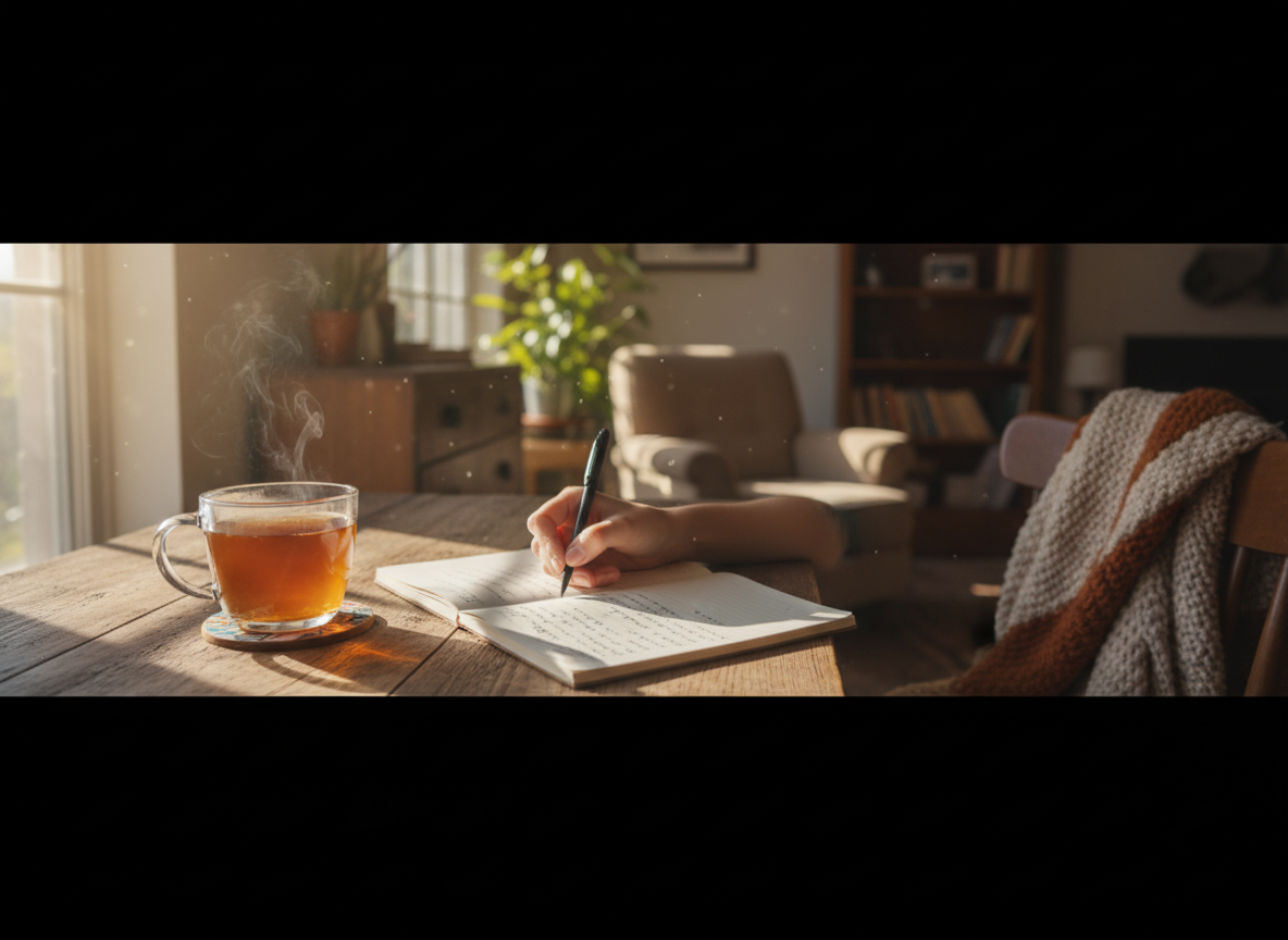 Real photographic wide panoramic banner of someone writing personal goals in a notebook on a wooden desk. Warm cup of tea nearby, soft natural light streaming through a window, warm earthy tones, focused and calm atmosphere. Photorealistic photography only, no art or illustrations. Ultra-wide panoramic banner format.