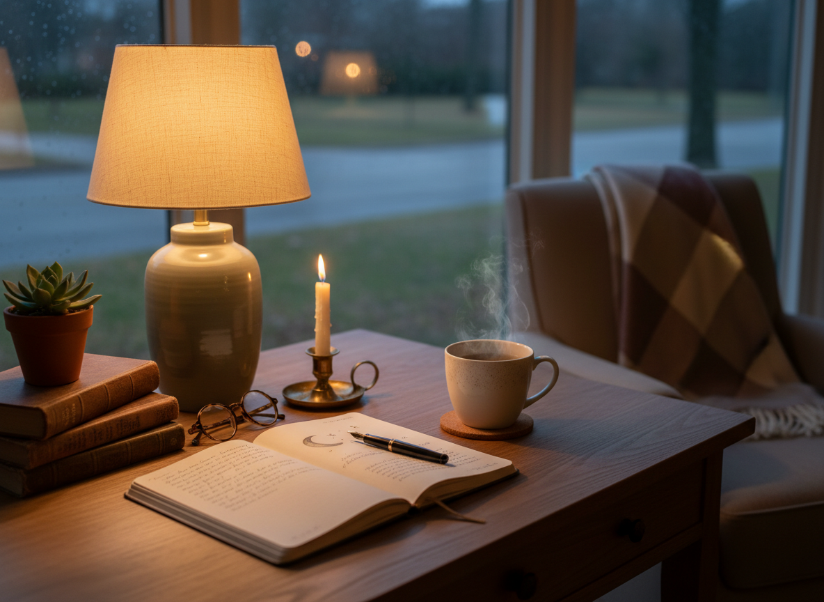 A calm reflective scene with a quiet desk with an open journal, soft candlelight or warm lamp light, cosy and introspective atmosphere. Warm earthy tones, peaceful and meditative. Photorealistic photography, no art or illustrations.