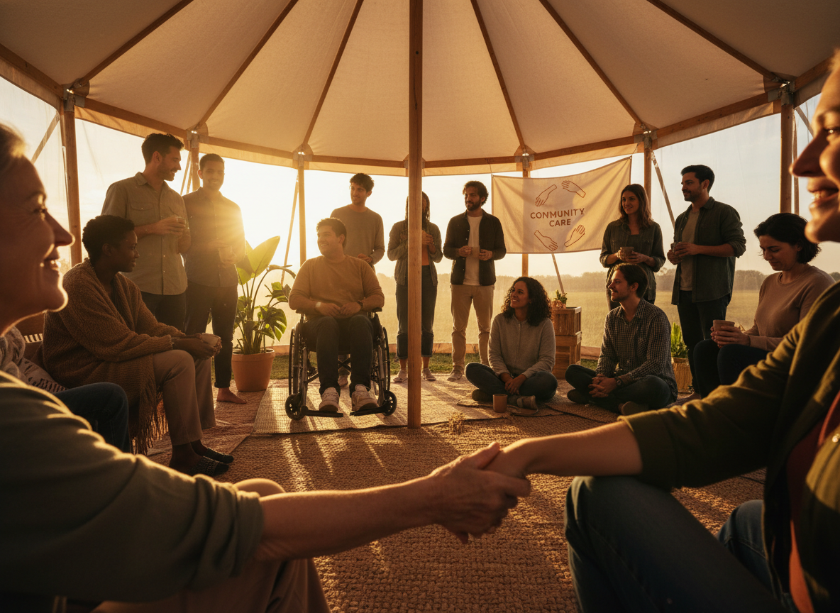Real photographic image of a warm and welcoming community support scene. People connecting, hands reaching out to support each other, soft natural light, warm earthy tones, compassionate and inclusive atmosphere. Photorealistic photography, no art or illustrations. Wide panoramic banner format.
