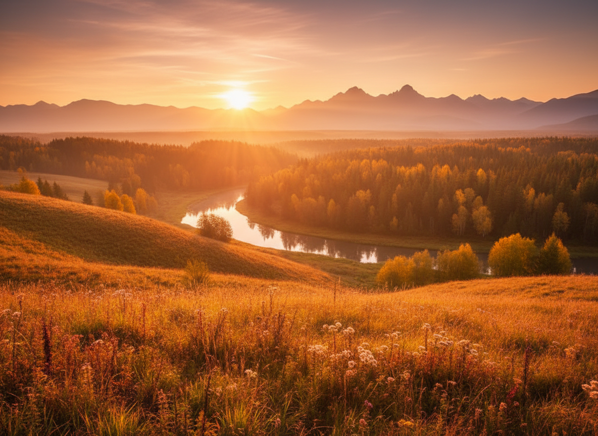 A peaceful golden hour nature scene, wide panoramic, warm amber and soft light tones. Real photographic image with soft natural light filtering through, golden hour sunset or sunrise over a landscape. Photorealistic photography only, no art or illustrations. Ultra-wide panoramic banner format.
