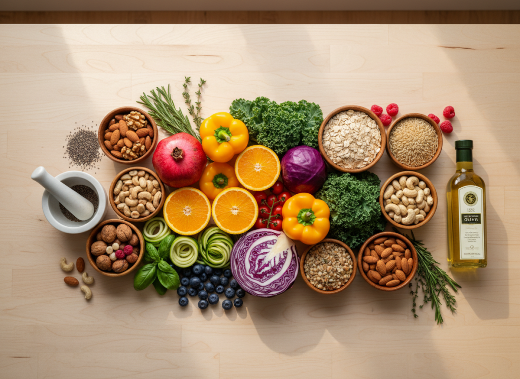 A vibrant, clean nutrition-themed flat lay photograph featuring fresh colorful vegetables, fruits, whole grains, nuts, and herbs arranged beautifully on a light natural wood surface. Warm, natural lighting with a wellness and holistic health aesthetic. Professional photography style.