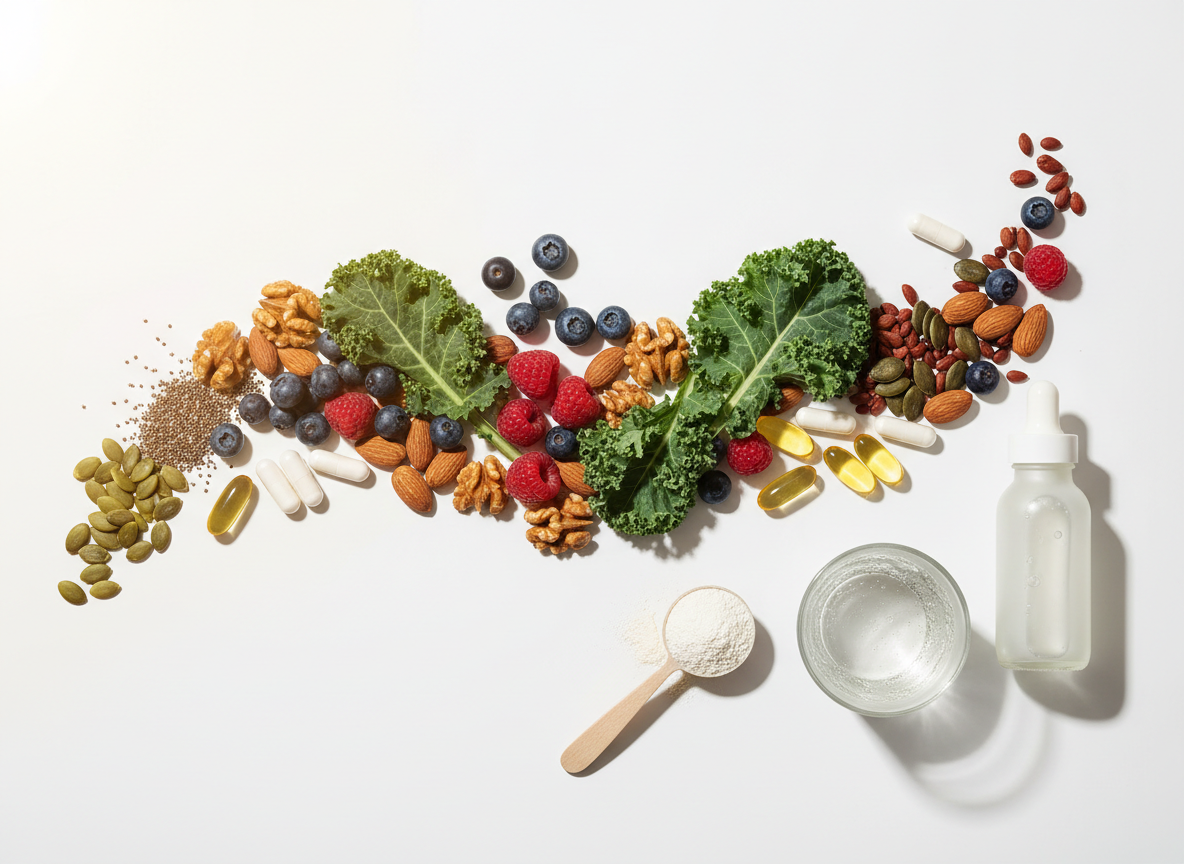 Colorful whole foods, supplements and capsules arranged as a flat-lay — nutrition and wellness themed image for Week 1