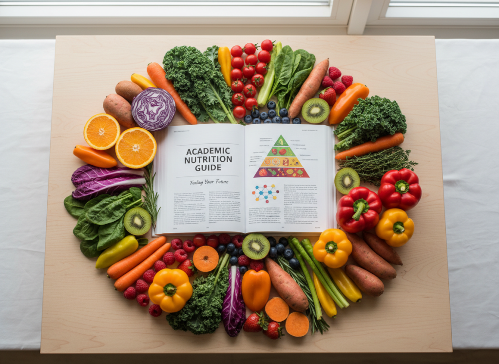 A professional, clean hero image representing nutrition education — colorful fresh fruits and vegetables arranged beautifully on a table, with warm natural lighting, overhead shot, suitable for an academic nutrition guide