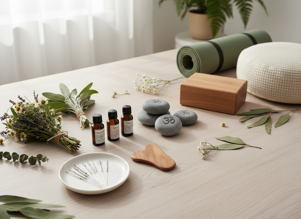 Complementary and Alternative Medicine wellness elements including herbs, meditation stones, and yoga props