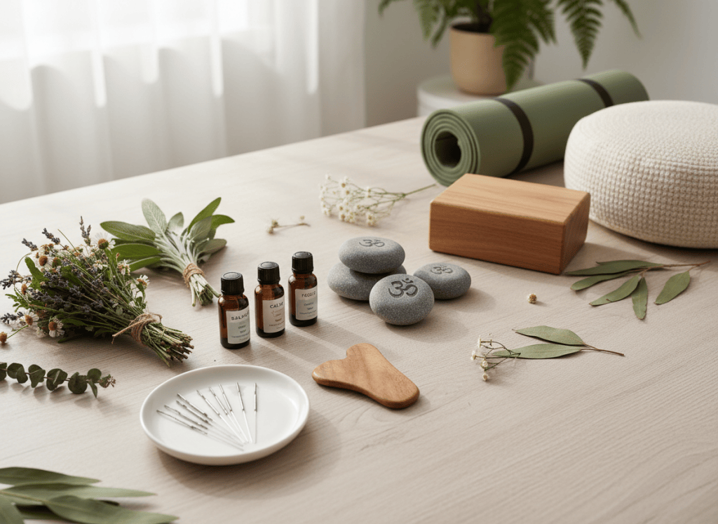 A serene, professional wellness image representing Complementary and Alternative Medicine (CAM). Features elements such as herbal plants, essential oils, meditation stones, acupuncture needles, and yoga props arranged in a calming, spa-like flat lay composition. Soft natural lighting, earthy green and neutral tones, clean and modern aesthetic suitable for a wellness education course.