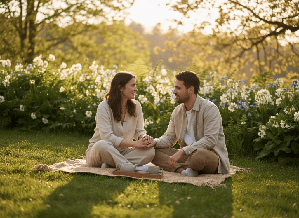 A warm, professional wellness photograph showing a person engaged in a relaxation or social support moment — perhaps talking with a friend outdoors, or practicing deep breathing in a natural setting. Soft natural light, warm tones, greenery present. Evokes psychological wellbeing, human connection, and evidence-based stress relief. Nature-inspired, approachable, not clinical.