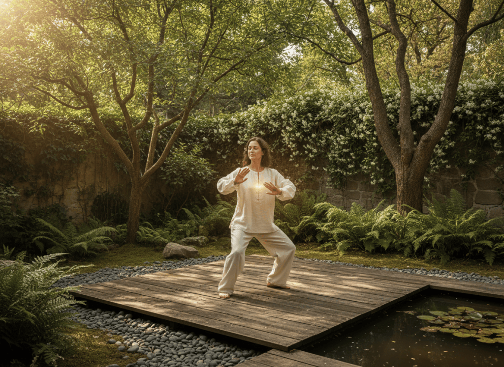 A warm, professional wellness photograph showing a person practicing yoga, tai chi, or meditation outdoors in a lush natural setting — perhaps on a wooden deck surrounded by trees, or in a peaceful garden. Soft dappled light, green and earth tones, serene atmosphere. Evokes mind-body connection, holistic healing, and nature-based wellness practices. Warm, inviting, not clinical.